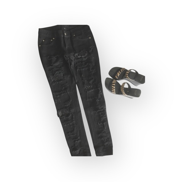 LF Carmar ❉ Skinny Shredded Rips Stretch Jeans ❉ Lace Patches ❉ Jet Black ❉ 25 ❉ - Picture 3 of 16